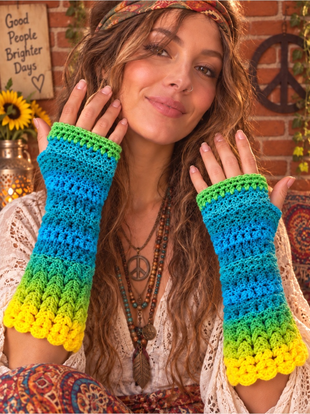 Colorful Ombre Long Fingerless Knit Gloves